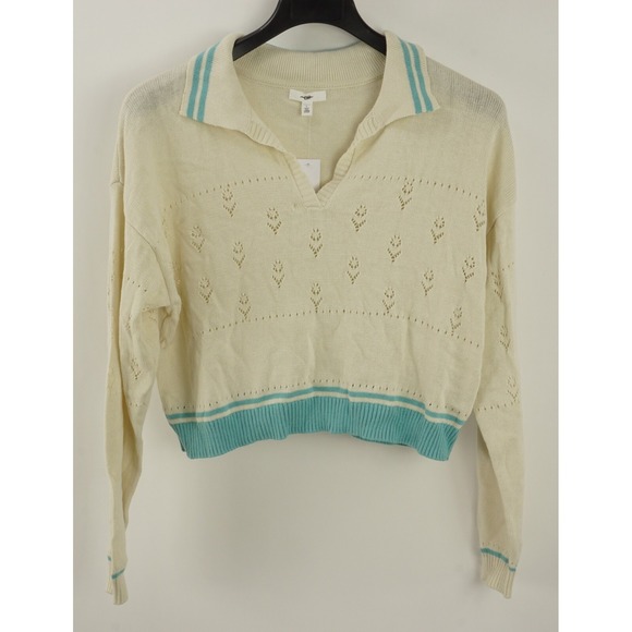 bp Sweaters - New BP Womens‎ Size L Ivory & Blue Crochet Floral Tipped Collared V-Neck Sweater